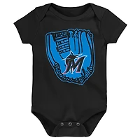 Lot de trois bodys pour bébés Miami Marlins Minor League Player bleu/noir/blanc