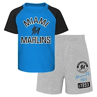 Ensemble t-shirt et short raglan Miami Marlins Ground Out Baller bleu/gris chiné pour bébé