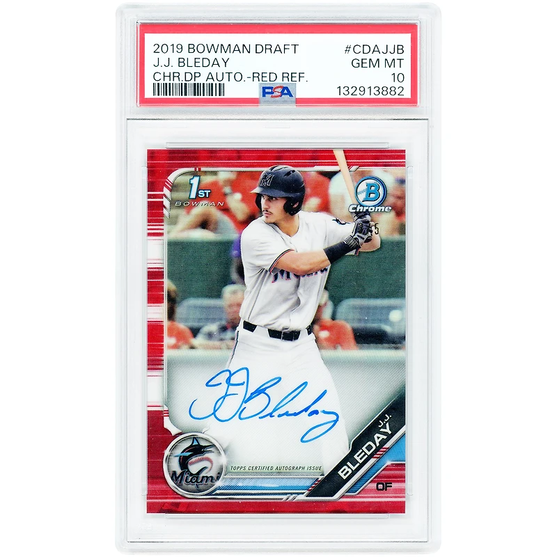 Carte autographiée de JJ Bleday (Miami Marlins) 2019 Bowman Chrome Red Refractor #CDA-JJB #3/5, authentifiée par PSA (10 cartes).