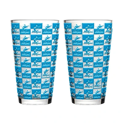 Ensemble de deux verres à bière Logo Brands Miami Marlins, motif quadrillé, 473 ml (16 oz).