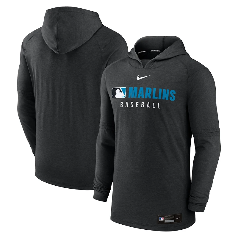 Sweat à capuche Nike noir chiné Miami Marlins Authentic Collection Tri-Blend Dri-FIT pour homme