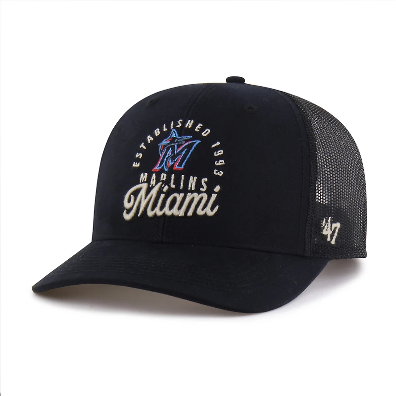 Casquette trucker Pitstop noire Miami Marlins pour homme, modèle 47, ajustable