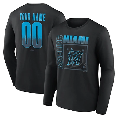 T-shirt à manches longues noir pour homme Miami Marlins, domicile, personnalisé avec nom et numéro