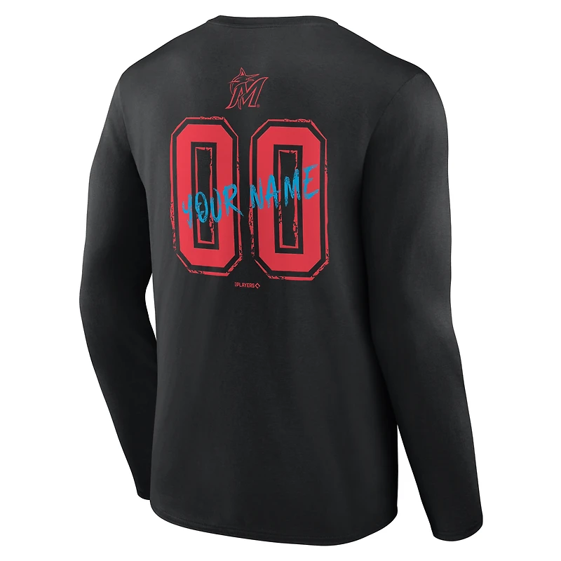 T-shirt à manches longues noir pour homme Miami Marlins Hustle personnalisé avec nom et numéro