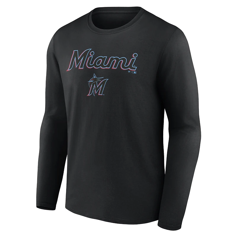 Men's  Black Miami Marlins Team Lockup Long Sleeve T-Shirt