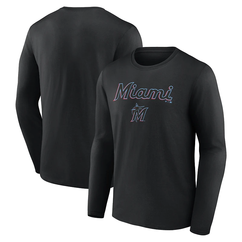Men's Black Miami Marlins Team Lockup Long Sleeve T-Shirt