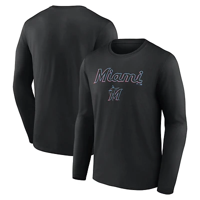 Men's  Black Miami Marlins Team Lockup Long Sleeve T-Shirt