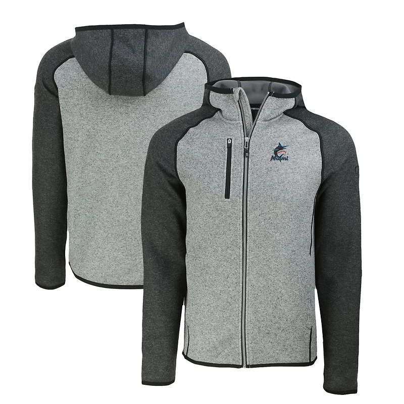 Men's Cutter & Buck Heather Charcoal/Heather Gray Miami Marlins Mainsail Full-Zip Hooded Jacket