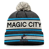 Bonnet en tricot à revers avec slogan Fanatics pour hommes, noir/naturel, Miami Marlins Hometown, avec pompon
