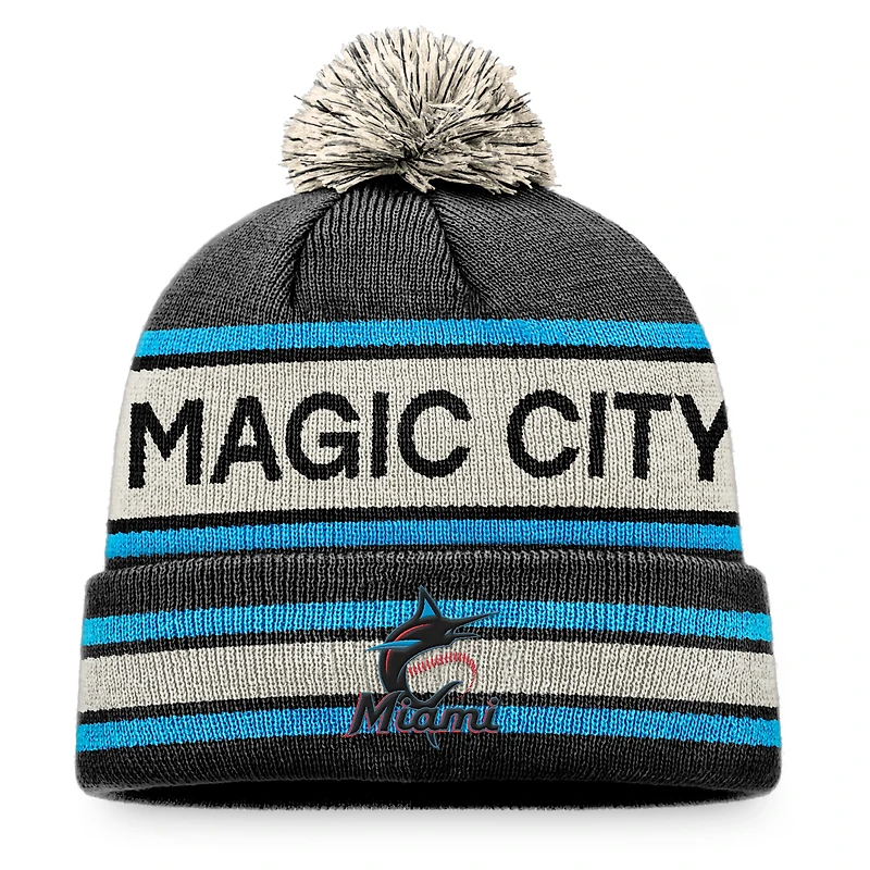 Bonnet en tricot à revers avec slogan Fanatics pour hommes, noir/naturel, Miami Marlins Hometown, avec pompon