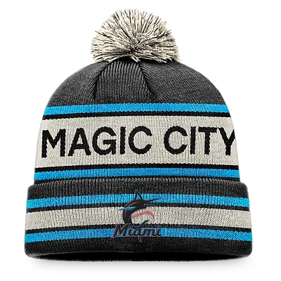 Bonnet en tricot à revers avec slogan Fanatics pour hommes, noir/naturel, Miami Marlins Hometown, avec pompon