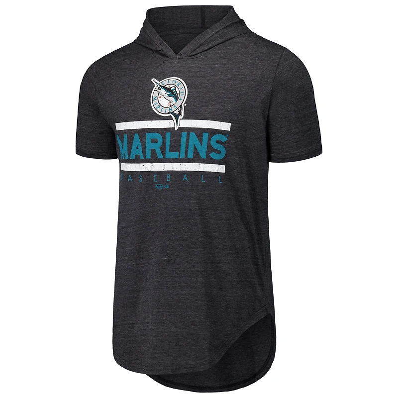 T-shirt à capuche noir en trois mélanges Majestic Threads pour hommes des Marlins de Miami