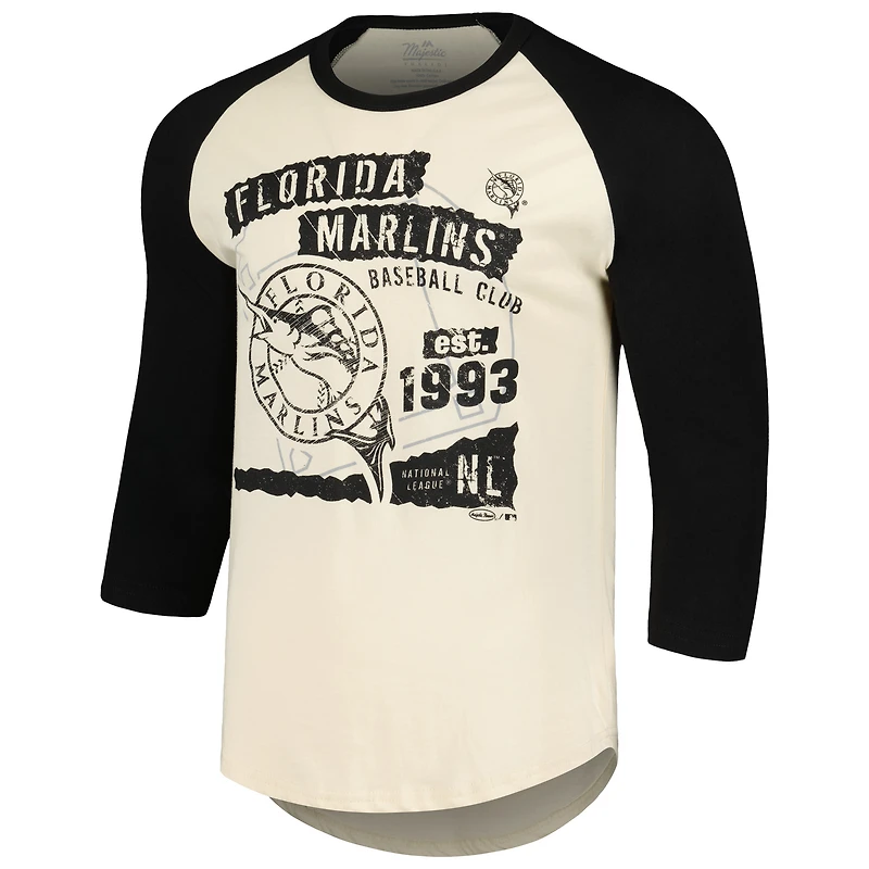 T-shirt raglan à manches 3/4 Majestic Threads pour hommes, crème/noir, Miami Marlins