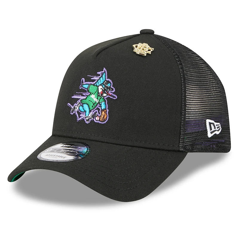 Casquette camionneur ajustable New Era noire Miami Marlins 2025 Big League Chew A-Frame 9FORTY pour homme
