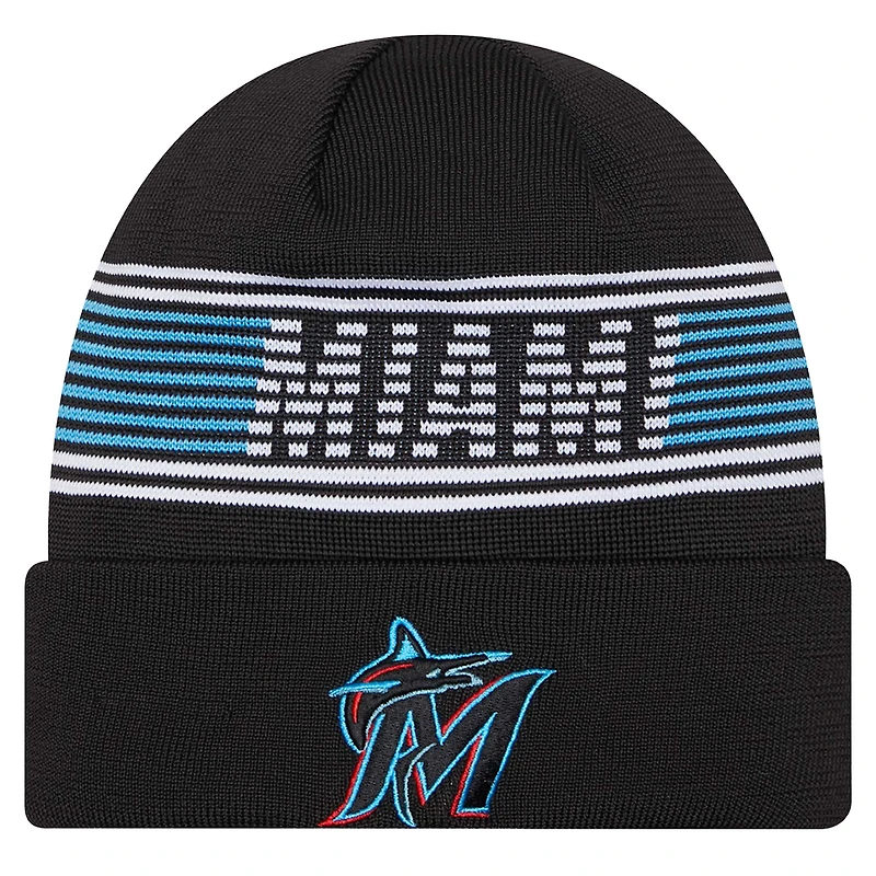 Bonnet en tricot à revers noir pour homme de la collection Authentic Miami Marlins de New Era