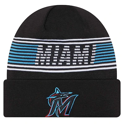 Bonnet en tricot à revers noir pour homme de la collection Authentic Miami Marlins de New Era