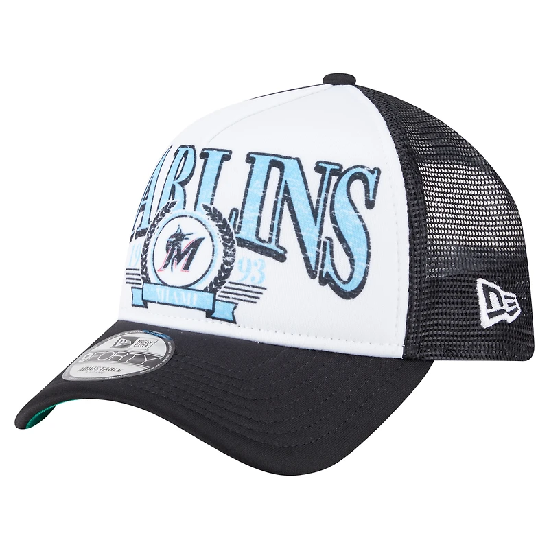 Men's New Era  Black Miami Marlins Distressed 9FORTY A-Frame Adjustable Trucker Hat