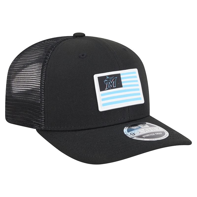 Casquette extensible à bouton-pression New Era noire Miami Marlins 9SEVENTY pour homme