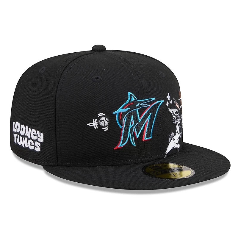 Casquette ajustée New Era 59FIFTY noire pour homme, Miami Marlins, Looney Tunes Bugs Bunny