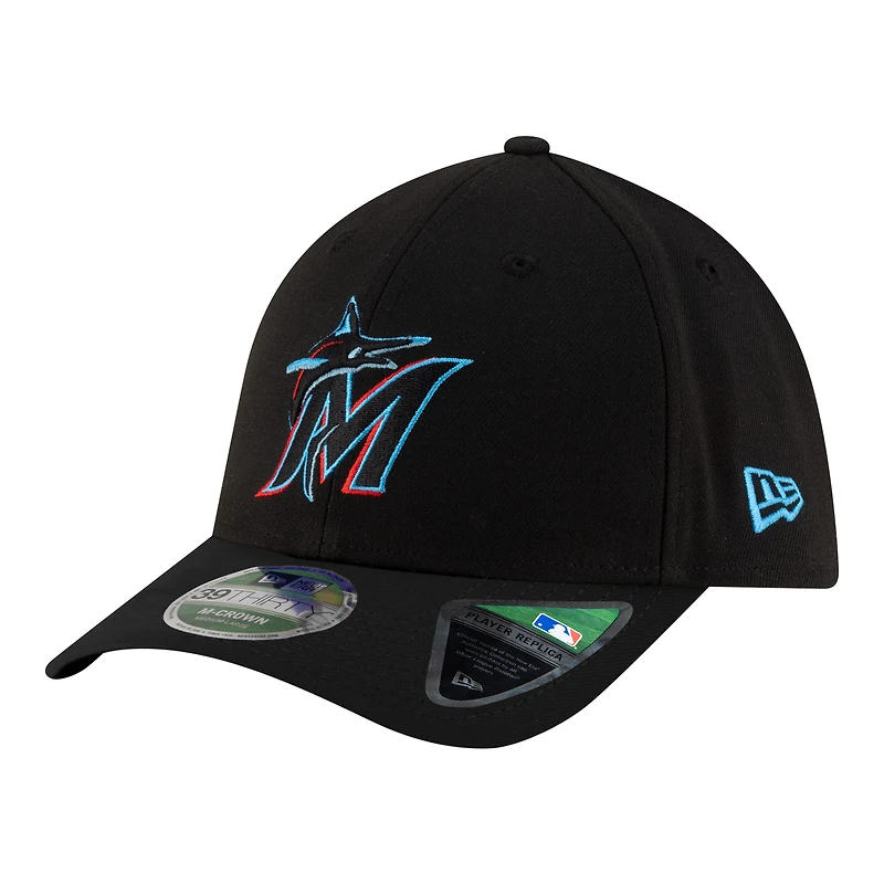 Casquette New Era noire Miami Marlins, réplique du modèle 39THIRTY M-Crown Flex pour homme