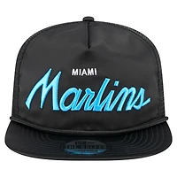 Casquette de golf ajustable noire rétro en satin avec inscription Miami Marlins de New Era pour homme