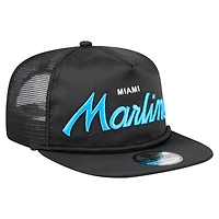 Casquette de golf ajustable noire rétro en satin avec inscription Miami Marlins de New Era pour homme