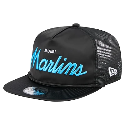 Casquette de golf ajustable noire rétro en satin avec inscription Miami Marlins de New Era pour homme
