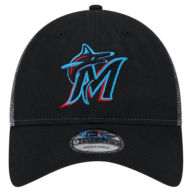 Casquette réglable noire Miami Marlins Team Slick Trucker 9TWENTY New Era pour hommes