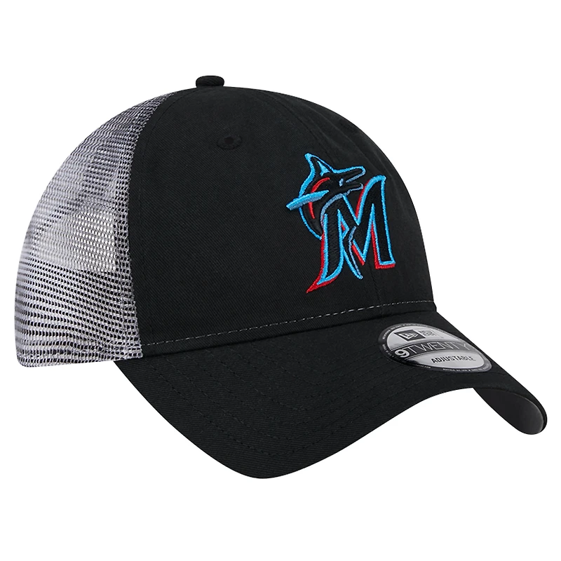 Casquette réglable noire Miami Marlins Team Slick Trucker 9TWENTY New Era pour hommes