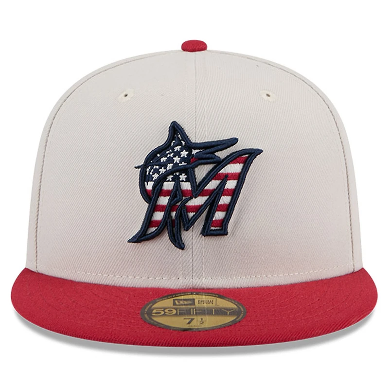 Men's New Era  Khaki/Red Miami Marlins 2024 Fourth of July 59FIFTY Fitted Hat