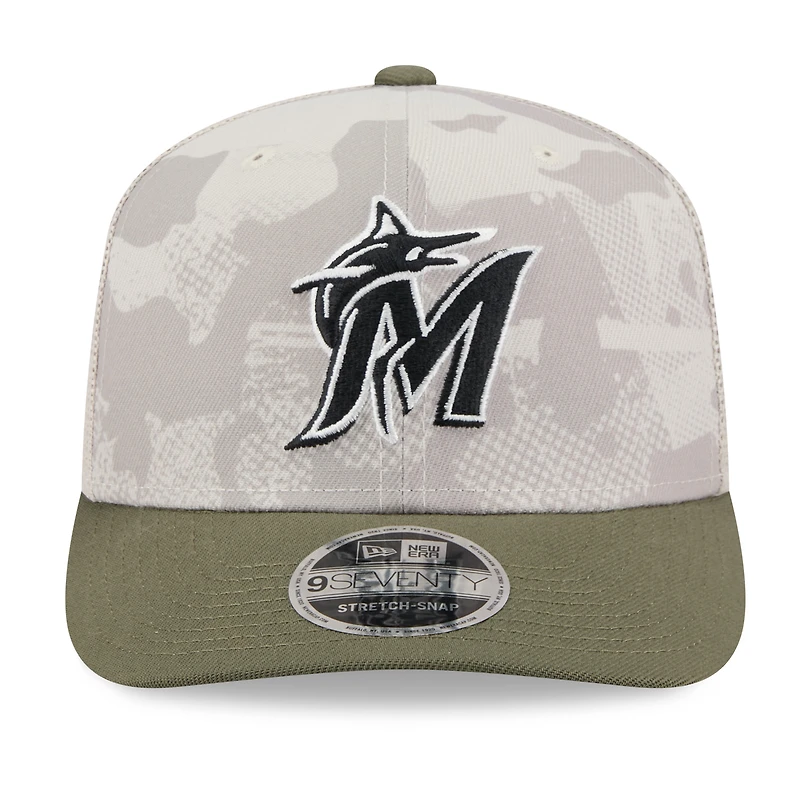 Men's New Era Light Beige/Olive Miami Marlins 2025 Armed Forces Day 9SEVENTY Stretch-Snap Hat