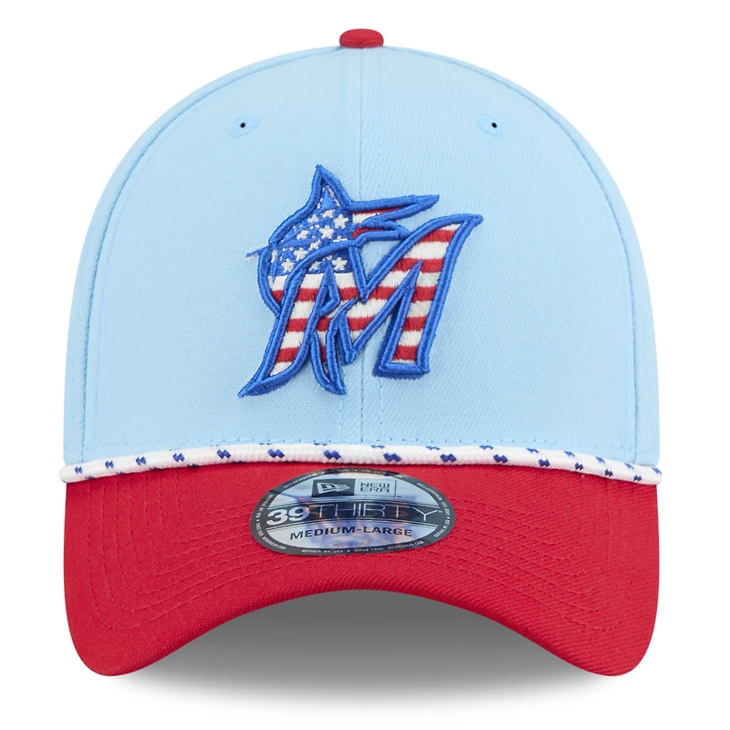 Men's New Era Light Blue/Red Miami Marlins 2025 Fourth of July 39THIRTY Flex Hat