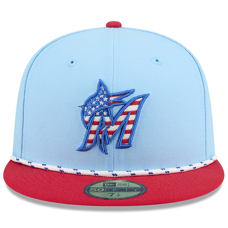 Men's New Era Light Blue/Red Miami Marlins 2025 Fourth of July 59FIFTY Fitted Hat