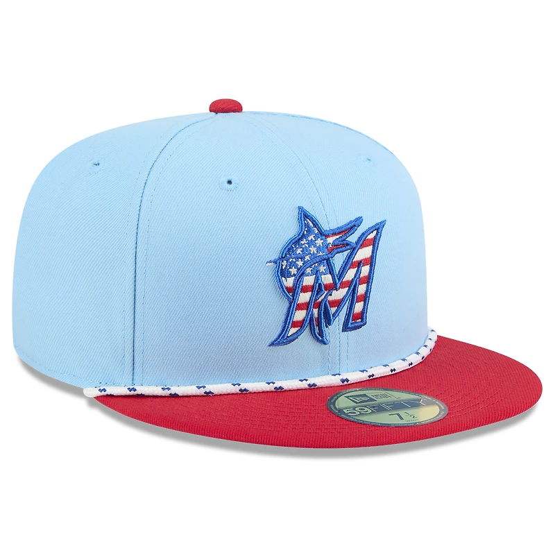 Men's New Era Light Blue/Red Miami Marlins 2025 Fourth of July 59FIFTY Fitted Hat