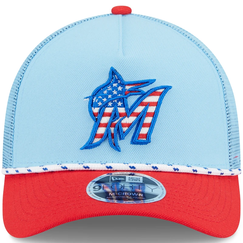Men's New Era Light Blue/Red Miami Marlins 2025 Fourth of July 9FORTY A-Frame M-Crown Adjustable Trucker Hat