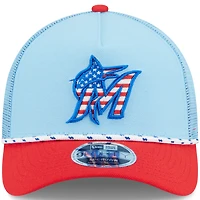 Men's New Era Light Blue/Red Miami Marlins 2025 Fourth of July 9FORTY A-Frame M-Crown Adjustable Trucker Hat