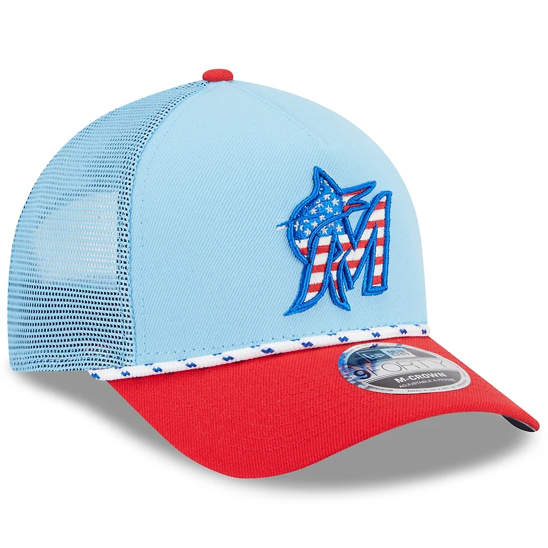 Men's New Era Light Blue/Red Miami Marlins 2025 Fourth of July 9FORTY A-Frame M-Crown Adjustable Trucker Hat
