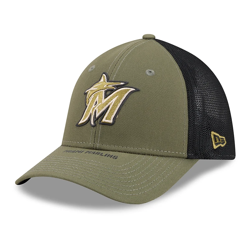 Casquette New Era Olive Miami Marlins 2026 Journée des Forces armées 39THIRTY M-Crown Flex