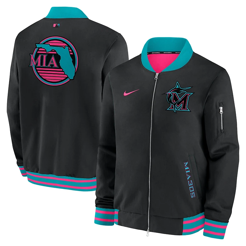 Veste aviateur entièrement zippée Nike noire pour homme, collection authentique City Connect 2025 des Miami Marlins