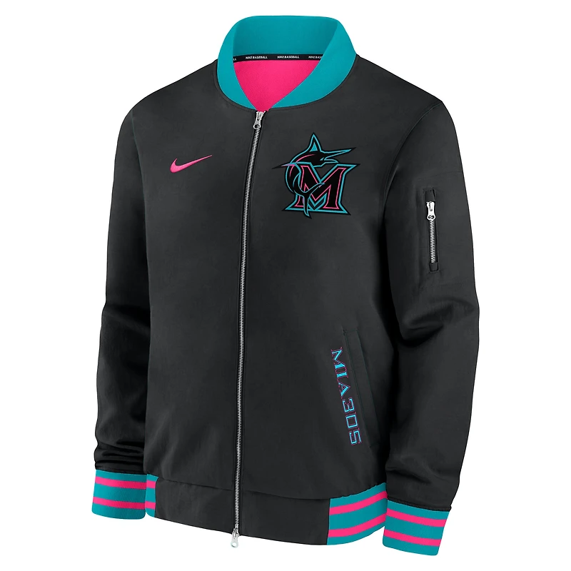 Veste aviateur entièrement zippée Nike noire pour homme, collection authentique City Connect 2025 des Miami Marlins