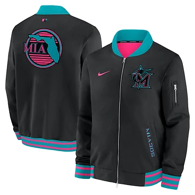 Veste aviateur entièrement zippée Nike noire pour homme, collection authentique City Connect 2025 des Miami Marlins