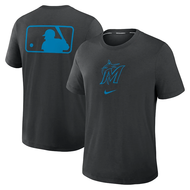 T-shirt Nike noir pour homme, collection authentique des Marlins de Miami, motif tri-mélange Dri-FIT.