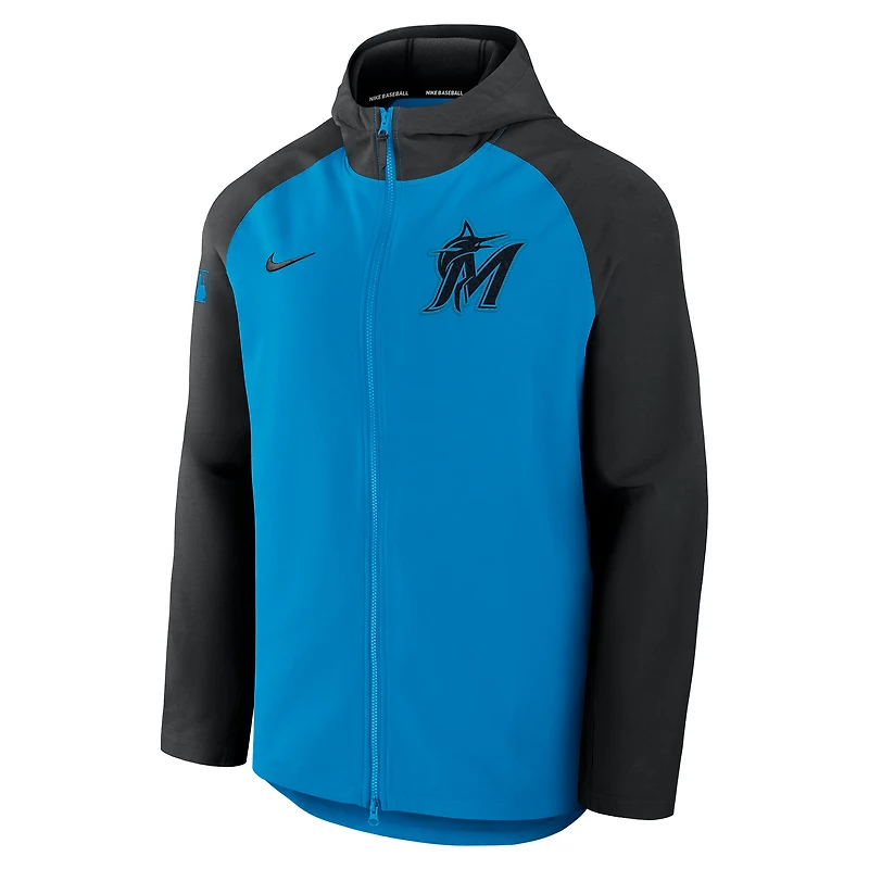 Veste Nike Authentic Collection Raglan Performance entièrement zippée bleu/noir pour homme des Miami Marlins