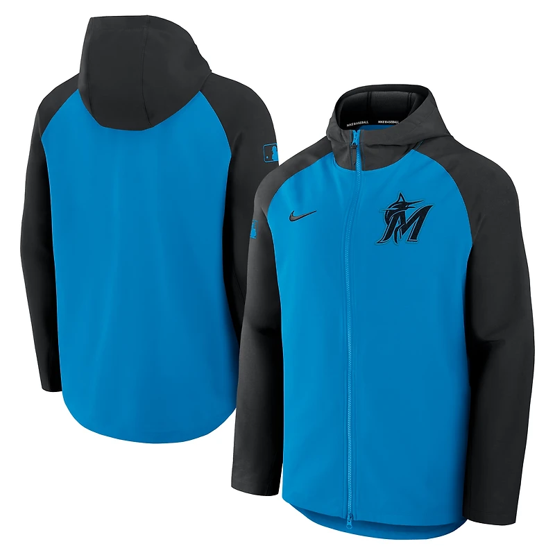 Veste Nike Authentic Collection Raglan Performance entièrement zippée bleu/noir pour homme des Miami Marlins