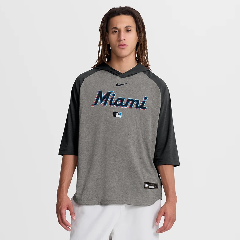 Men's Nike Gray Miami Marlins Authentic Collection Flux Dri-FIT Raglan 3/4-Sleeve Hooded T-Shirt