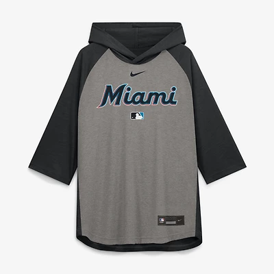 Men's Nike Gray Miami Marlins Authentic Collection Flux Dri-FIT Raglan 3/4-Sleeve Hooded T-Shirt
