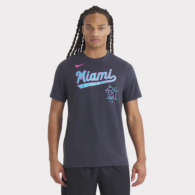 T-shirt Nike pour homme, noir chiné, Miami Marlins City Connect Script, mélange de trois matières