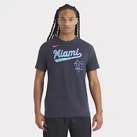T-shirt Nike pour homme, noir chiné, Miami Marlins City Connect Script, mélange de trois matières
