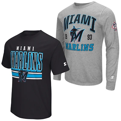 Men's Starter Heather Gray/Black Miami Marlins Two-Pack Long Sleeve & Short T-Shirt Set