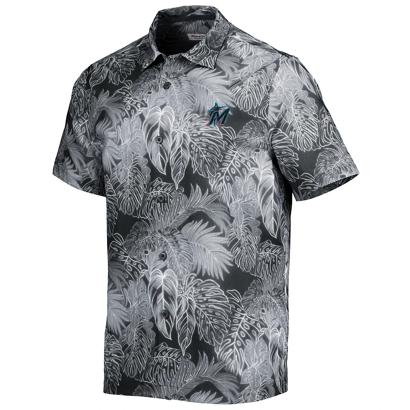 Chemise de camp boutonnée Tommy Bahama noire Miami Marlins Coast luminescent Fronds IslandZone pour hommes
